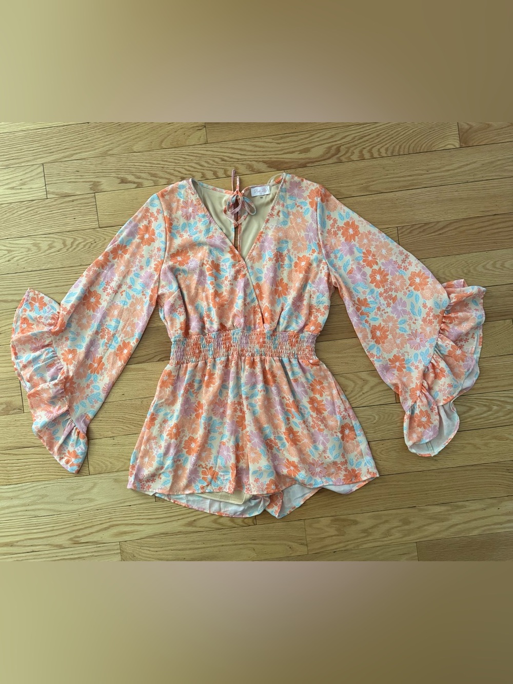 Pink Lily Womens Floral Peach & Blue Long-Sleeve Romper